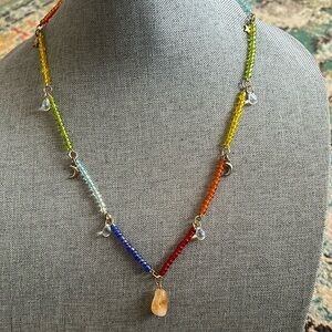 🌈 Handmade Vibrant Rainbow Beaded Necklace with Moon, Stars & Citrine Pendant🌙🌟💛